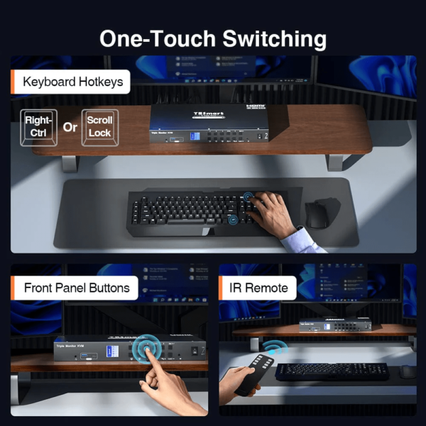Conmutador KVM de monitor triple de 4 puertos HDMI 4K60Hz con concentrador USB 3.0, auriculares, audio y micrófono - Imagen 2